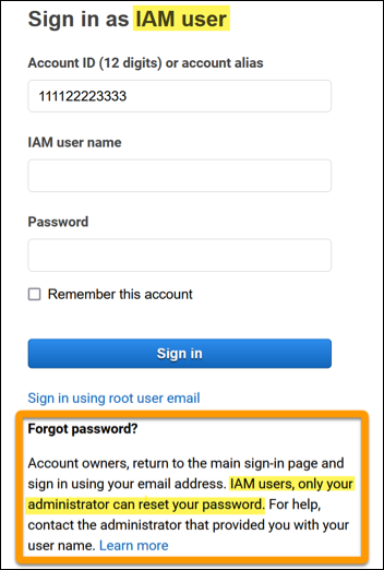 AWS Management Console IAM ユーザーがパスワードを忘れた場合のリンクを表示します。